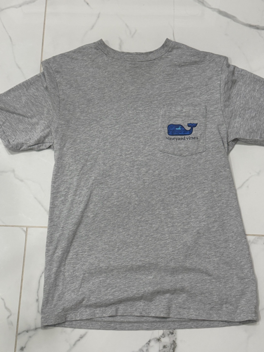 Vineyard Vines Heather Gray Pocket Tee with Blue Whale Patch